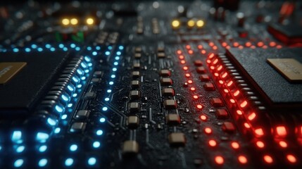 Obraz premium Futuristic Circuit Board Technology Close Up with Glowing Blue and Red LEDs