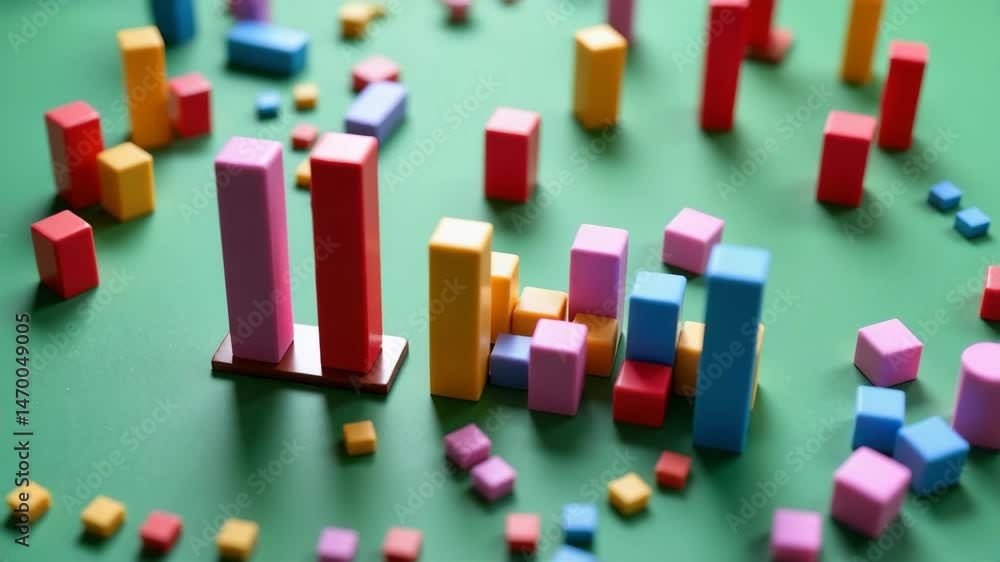 Poster colorful 3d blocks are arranged on a green surface, resembling a playful bar chart or abstract data 