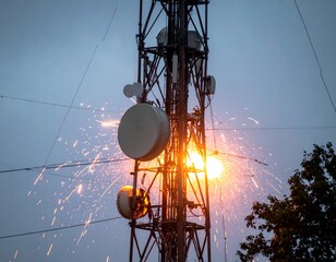 Sparks Erupting From a Telecommunication Tower at Dusk
