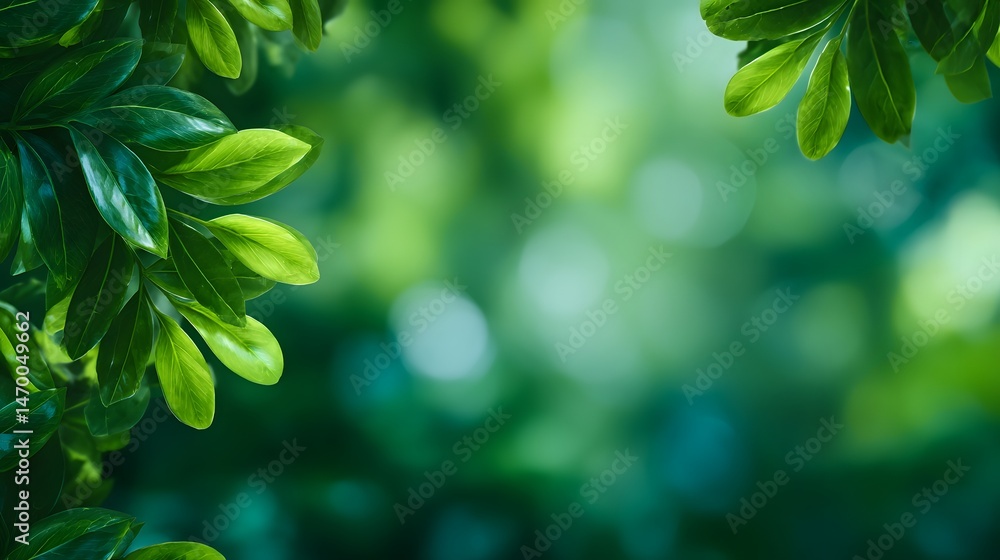 Poster close up view of a vibrant green leaf set against a blurred lush greenery background with soft sunli