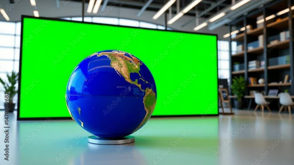 Poster a globe sits on a table in a modern office space with a large green screen in the background.