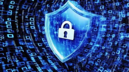 A 4K photo of 4K photo of blue digital shield with a secure lock icon, surrounded by binary code and data nodes. Cybersecurity, data protection, encryption, and network.