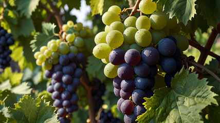 Naklejka premium lush green vineyard, abundant clusters of ripe green grapes, vibrant foliage, natural lighting, depth of field