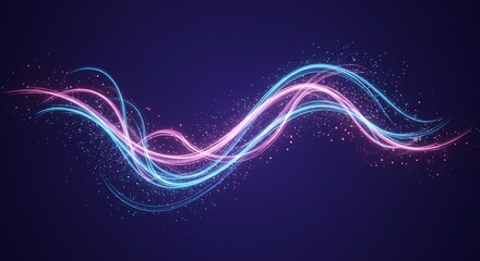Abstract Glowing Pink and Blue Light Wave Lines with Sparkling Dust Particles Background