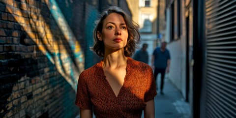Naklejka premium A woman stands confidently in an urban alley. The sunlight casts beautiful shadows on the walls. This image captures modern style and urban life. Explore the bright colors and textures. AI