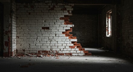 Obraz premium Damaged Brick Wall Interior - A partially destroyed white brick wall in a dark, abandoned building. Dust and debris cover the floor. A single window lets in dim light