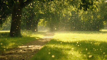 Sunlit Path in Green Park: A tranquil pathway winds through a sun-dappled green park, surrounded by lush trees and bathed in the warm glow of sunlight.