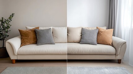Sofa before and after dry-cleaning in room .