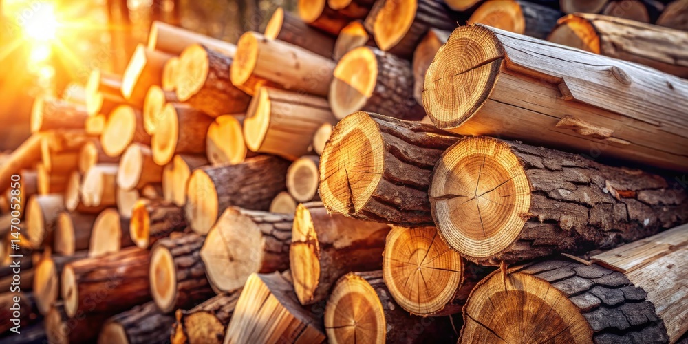 Poster Golden Hour Lumber Stack A Warmly Lit Collection of  Neatly Arranged Logs at Sunset