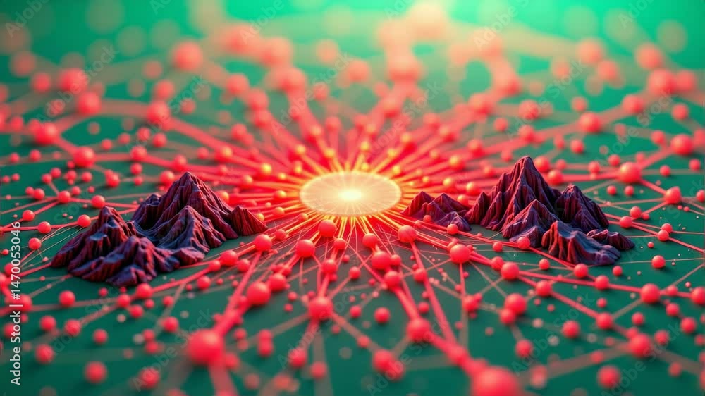 Poster a glowing central node connects to a network of spheres and abstract mountains in a vibrant digital 