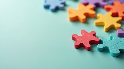 A collection of colorful puzzle pieces on a blue surface, ready for assembly