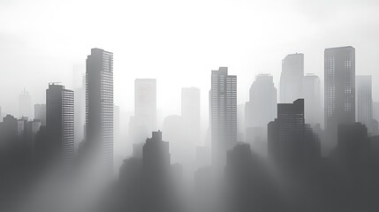 Foggy cityscape with silhouetted skyscrapers