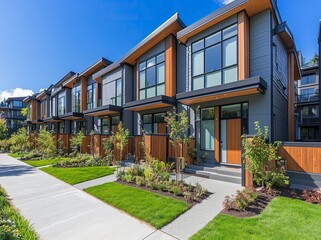 Obraz premium Modern new townhouses in the city with gray walls and wooden accents, exterior view, blue sky, green grass, garden fence, architecture photography. generative ai