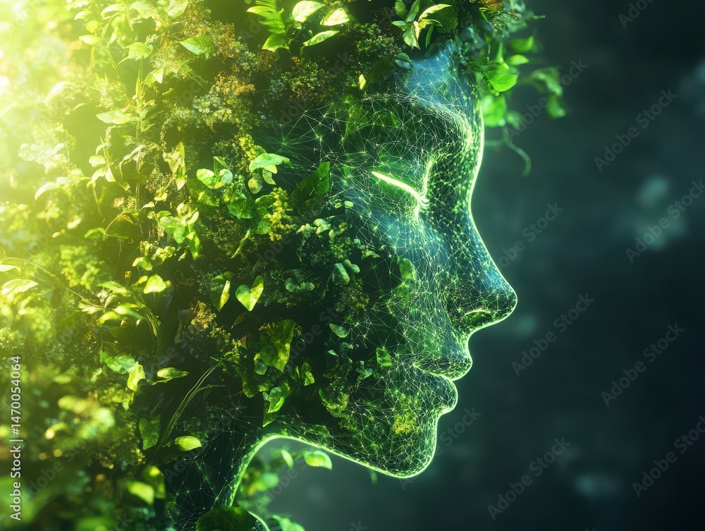 Poster dynamic glowing forms symbolize the rise of green business practices, empowered by ai technologies f