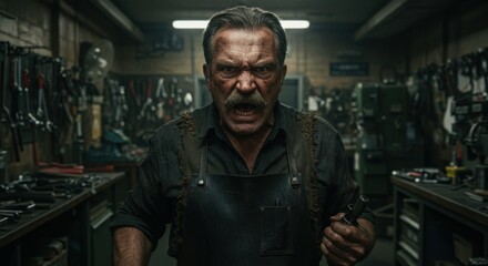 Obraz premium An angry older Caucasian man with a mustache and beard stubble, wearing a leather apron, shouts intensely in a cluttered workshop filled with tools.