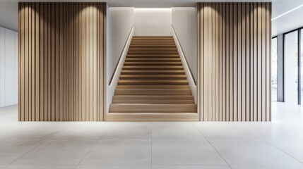 Obraz premium Modern minimalist staircase with wooden slats and clean lines in a bright, open interior space.