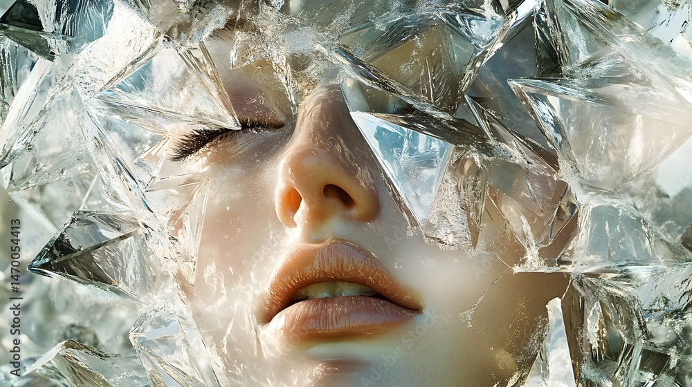 Poster captivating abstract crystal portrait of a woman's face enveloped in shiny tin foil creating a uniqu