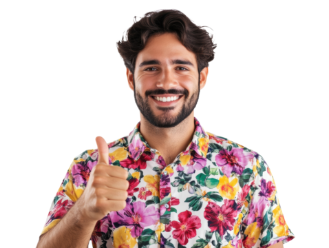 Smiling man in floral shirt giving thumbs up for summer fun