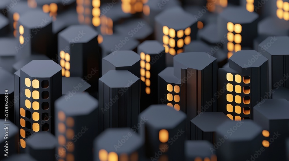 Aufkleber abstract cityscape with hexagonal skyscrapers and glowing windows, creating a futuristic nighttime u