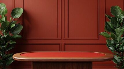 A stylish red poker table with wooden trim sits in front of a red paneled wall, flanked by two lush green plants.