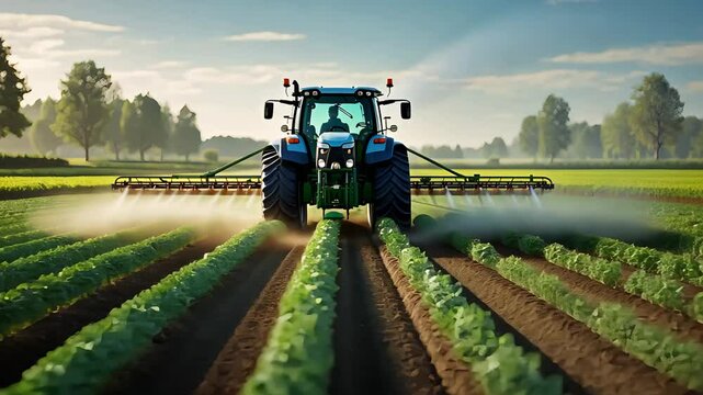 Modern tractor spraying crops in neat rows across a large green agricultural field under clear skies during early morning farm operations

