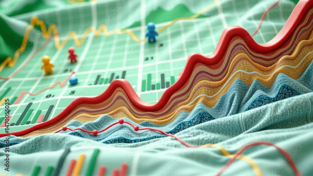Poster a colorful 3d visualization of data charts with game-like figures on a wavy, grid-patterned surface.