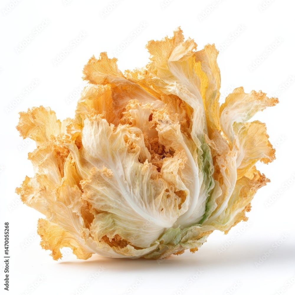 Poster a single head of delicate dried napa cabbage isolated on white background showing detailed texture a