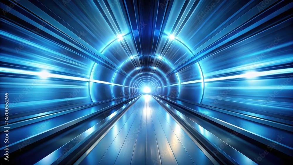 Poster futuristic blue tunnel high-speed transportation concept showing a sleek, modern moving walkway lead