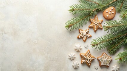 A Festive Arrangement of Star-Shaped and Snowflake-Shaped Gingerbread Cookies with Evergreen Branches on a Textured Surface
