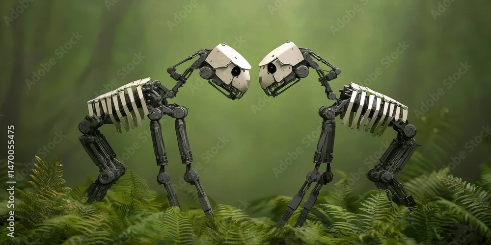 Poster two robotic animal skeletons face each other in a green, fern-filled forest, appearing to interact o