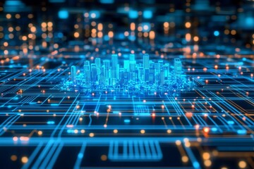 Futuristic smart city glowing with blue digital lights integrated into a high-tech circuit board system