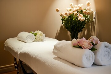 Spa relaxation setup with fresh white towels and a vibrant floral bouquet on a massage table in a tranquil environment