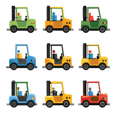 Nine classic Forklift arranged on a white background.