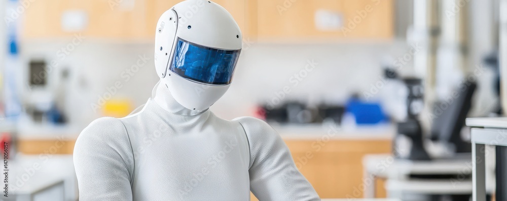 Aufkleber a humanoid robot with a white helmet and visor sits in a modern laboratory environment.