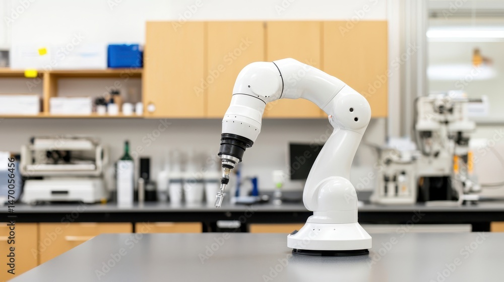 Poster A robotic arm is positioned on a lab table in a modern laboratory setting with scientific equipment in the background.