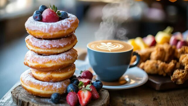 Tall stack of donuts with berries and latte in cozy natural lighting.