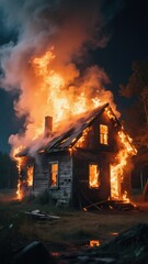 Dramatic image of a wooden house engulfed in flames at night, creating a scene of destruction and devastation with intense orange glow and thick smoke 8K