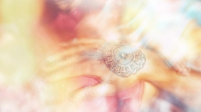 Henna art on woman hand. Light effect.