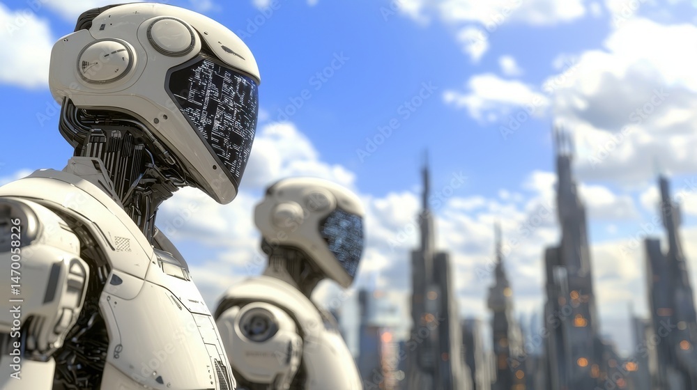 Poster two futuristic robots stand in front of a modern city skyline under a bright blue sky with clouds.