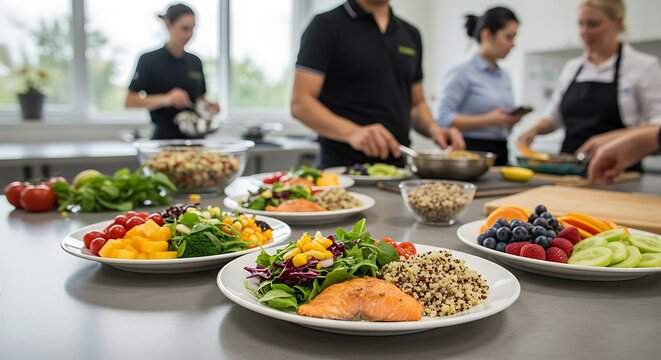 Healthy balanced meals preparation with salmon and quinoa in a bright kitchen