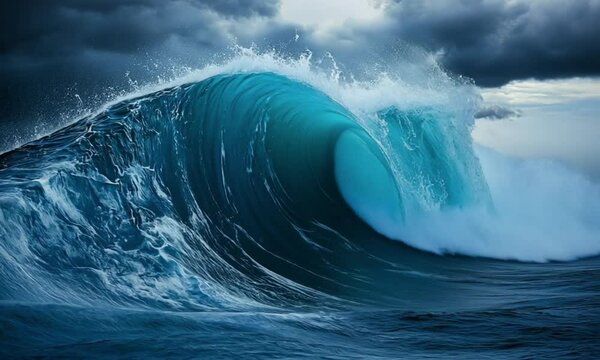 A powerful ocean wave crashing under a dramatic sky.