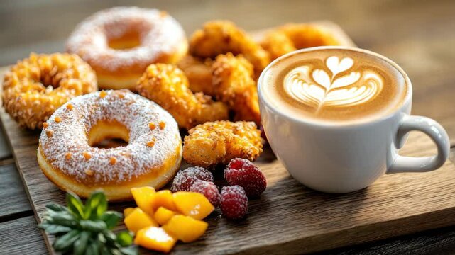 Rustic style donut, banana, and latte on wooden tray in cozy caf&eacute; ambiance.