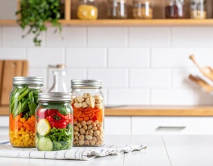 Two glass jars filled with colorful, pickled vegetables and assorted beans sit on a rustic wooden counter, reflecting natural light and adding charm.