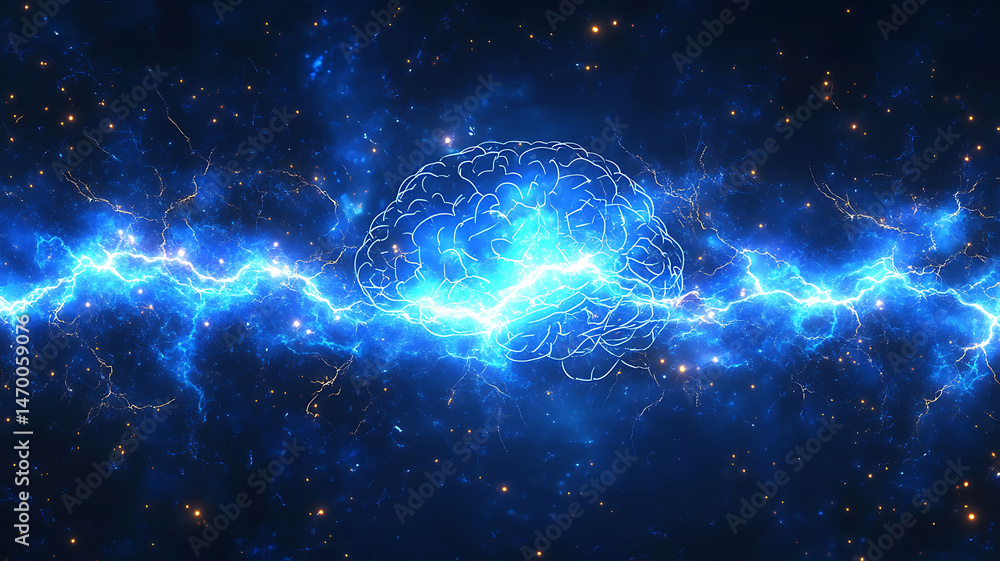 Poster conceptual digital brain with electrical activity and glowing galaxy space background for artificial