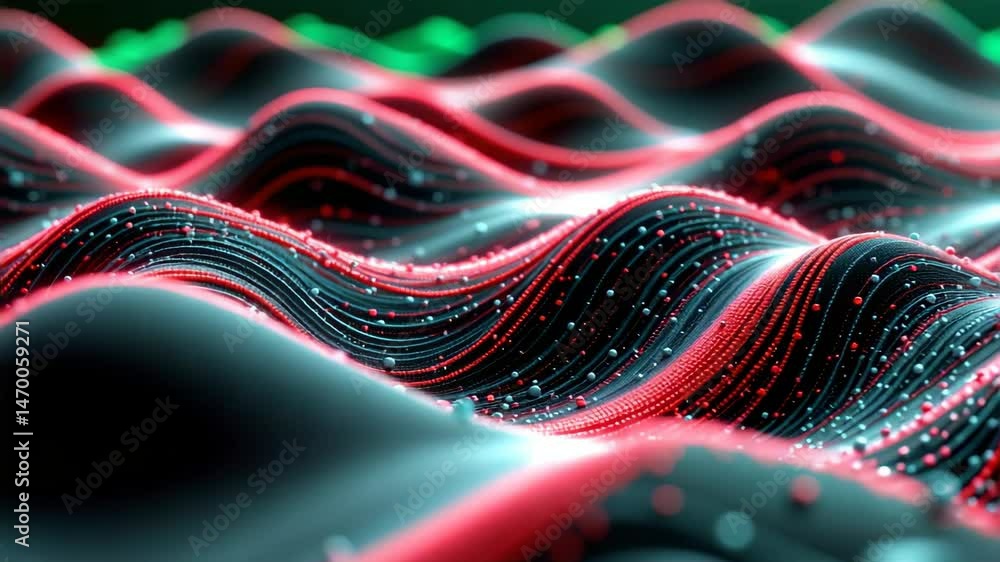 Poster a digital representation of colorful waves with flowing lines and glowing dots resembling data or so