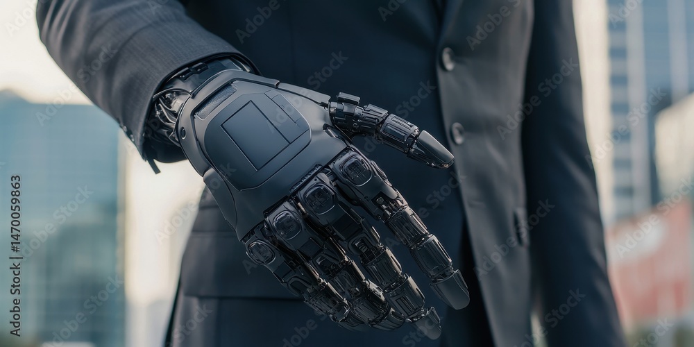 Poster A person in a suit with a robotic hand, symbolizing the integration of technology and business in a modern urban setting.