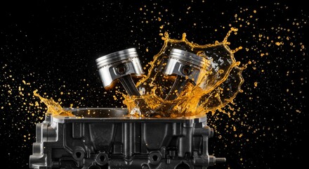 Engine Pistons and Oil Splash - Two engine pistons splashing in engine oil against a black background. Perfect for automotive, repair, or performance themes