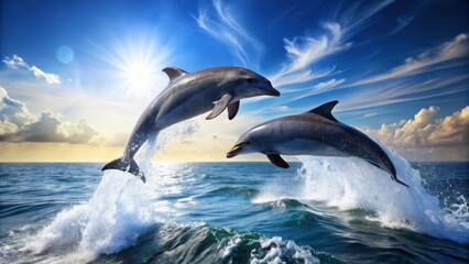Obraz premium Oceanic Duo Leaps Joyfully Through Sunlit Waves, Displaying Graceful Acrobatics Above the Azure Sea
