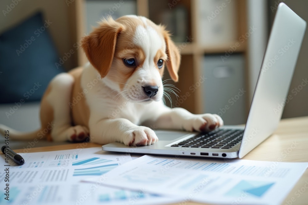 Poster using spreadsheets on a laptop computer to analyze statistical data for a business report on paper d