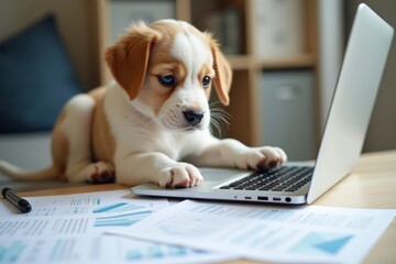 Using spreadsheets on a laptop computer to analyze statistical data for a business report on paper documents.